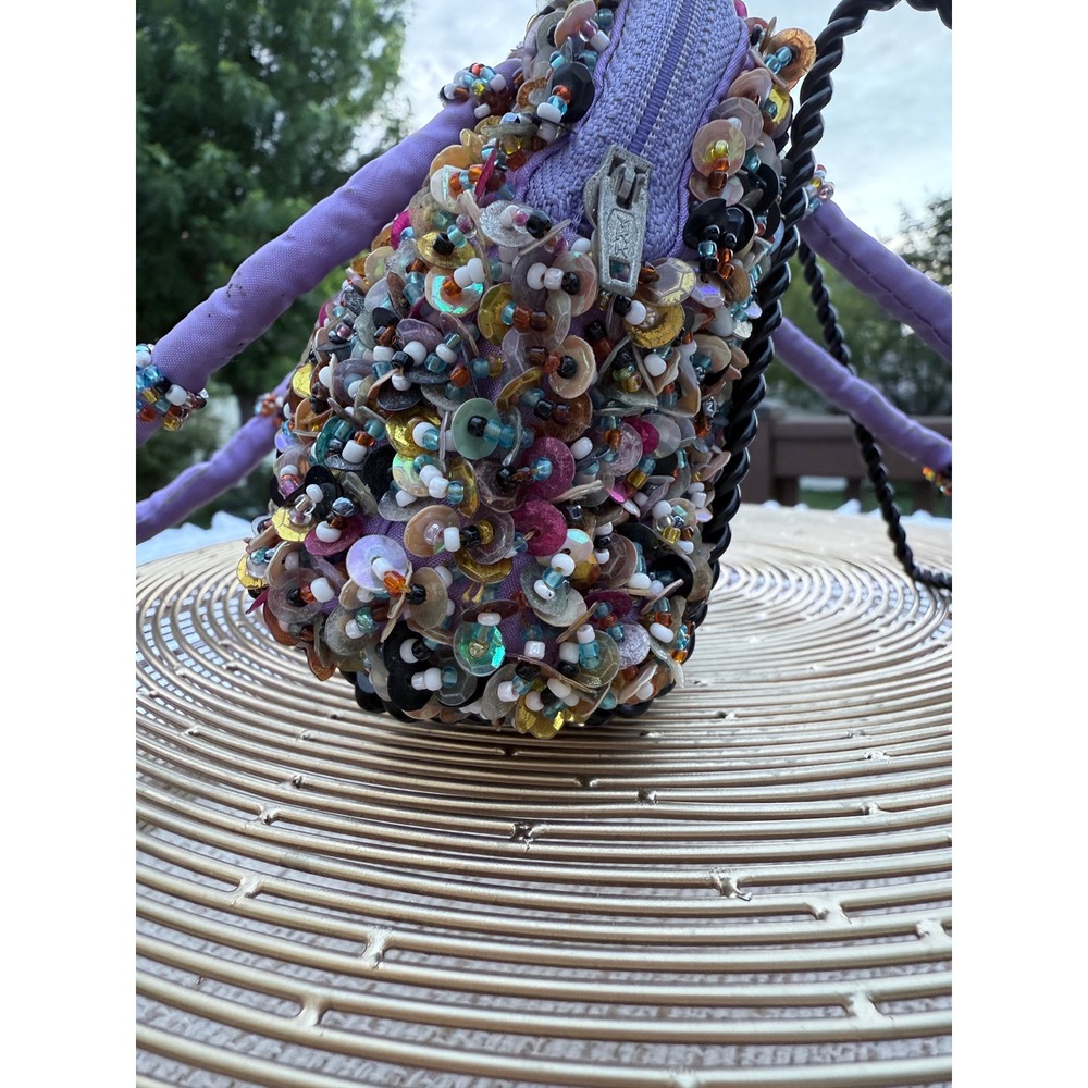 Kitschy Artsty Purple Beaded Sequin Mini Handbag Multi Color Embellished Purse - Picture 15 of 16